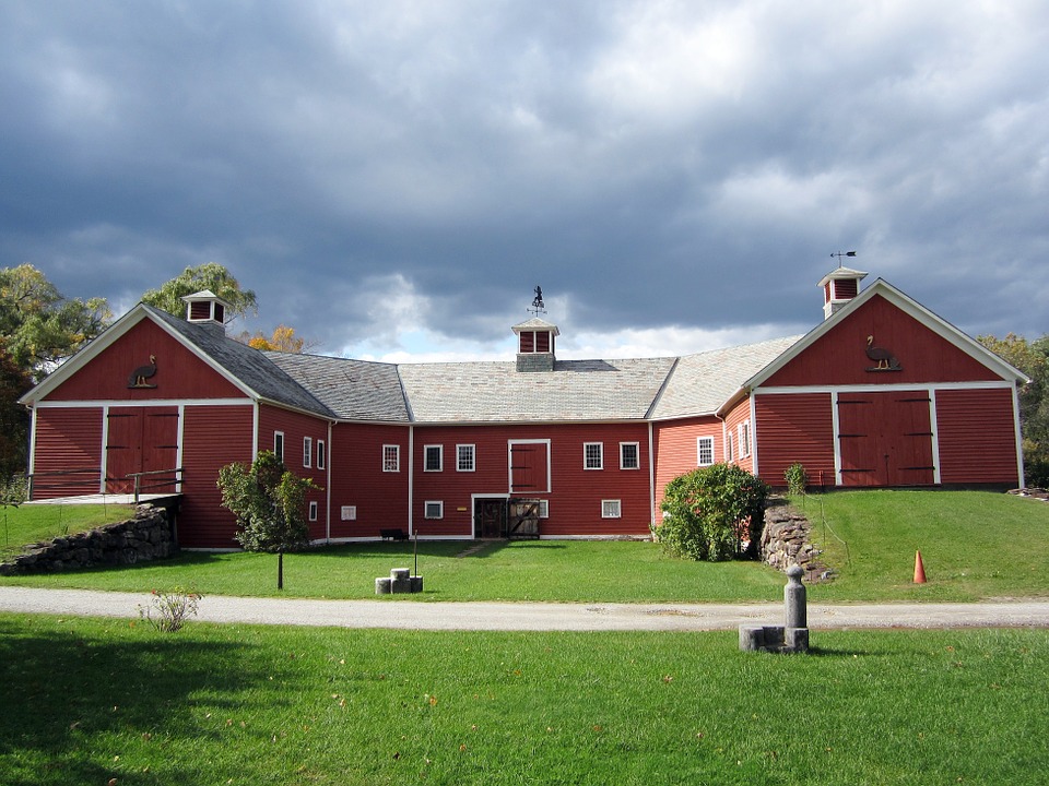 The 5-sided red Horseshoe barn at the Shelburne Museum in Shelburne, Vermont.