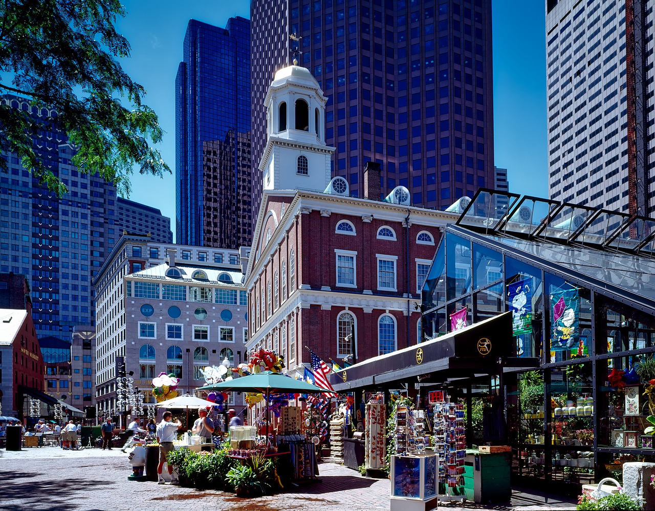 Faneuil Hall and merchant pushcarts in downtown Boston
