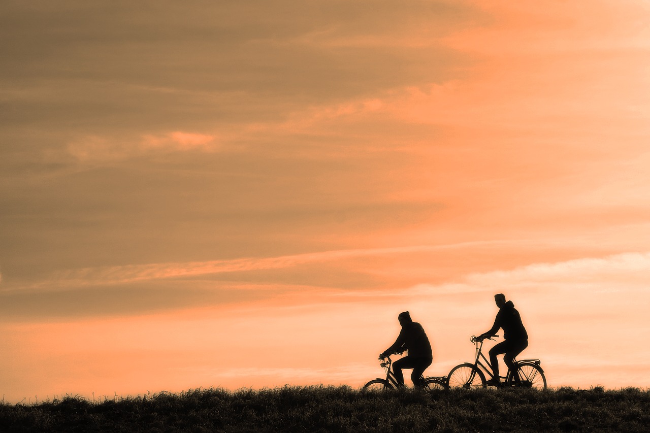 Two cyclists riding at sunset.